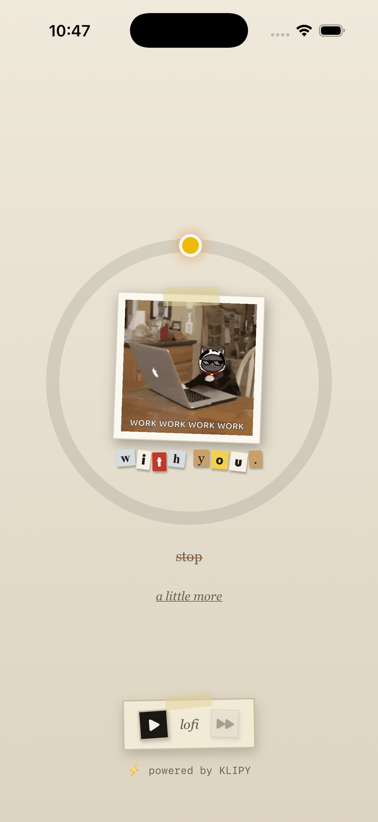 The Noot focus session — a calm breathing ring with a meme companion and a voice line inside it