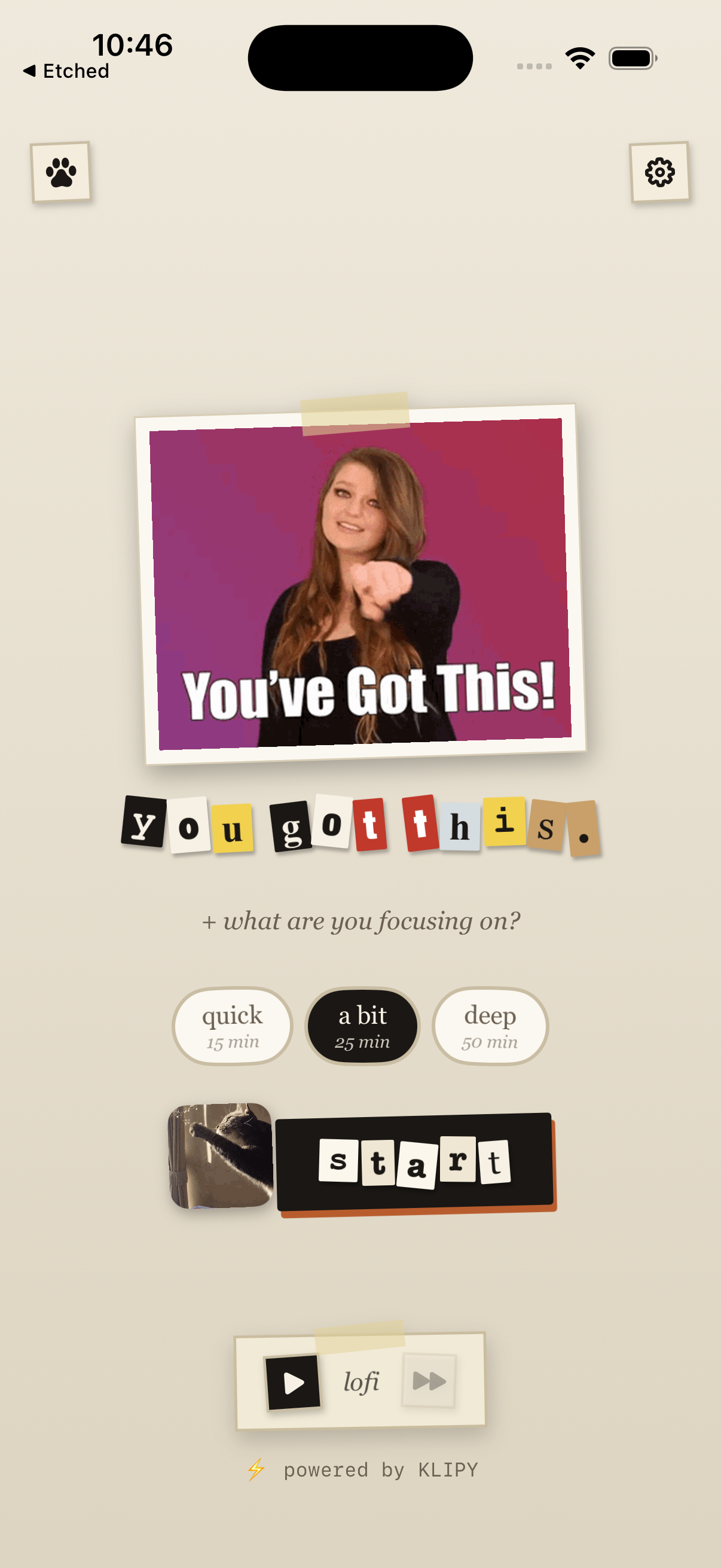 The Noot home screen — a ransom-note title, a taped meme photo, and a start button